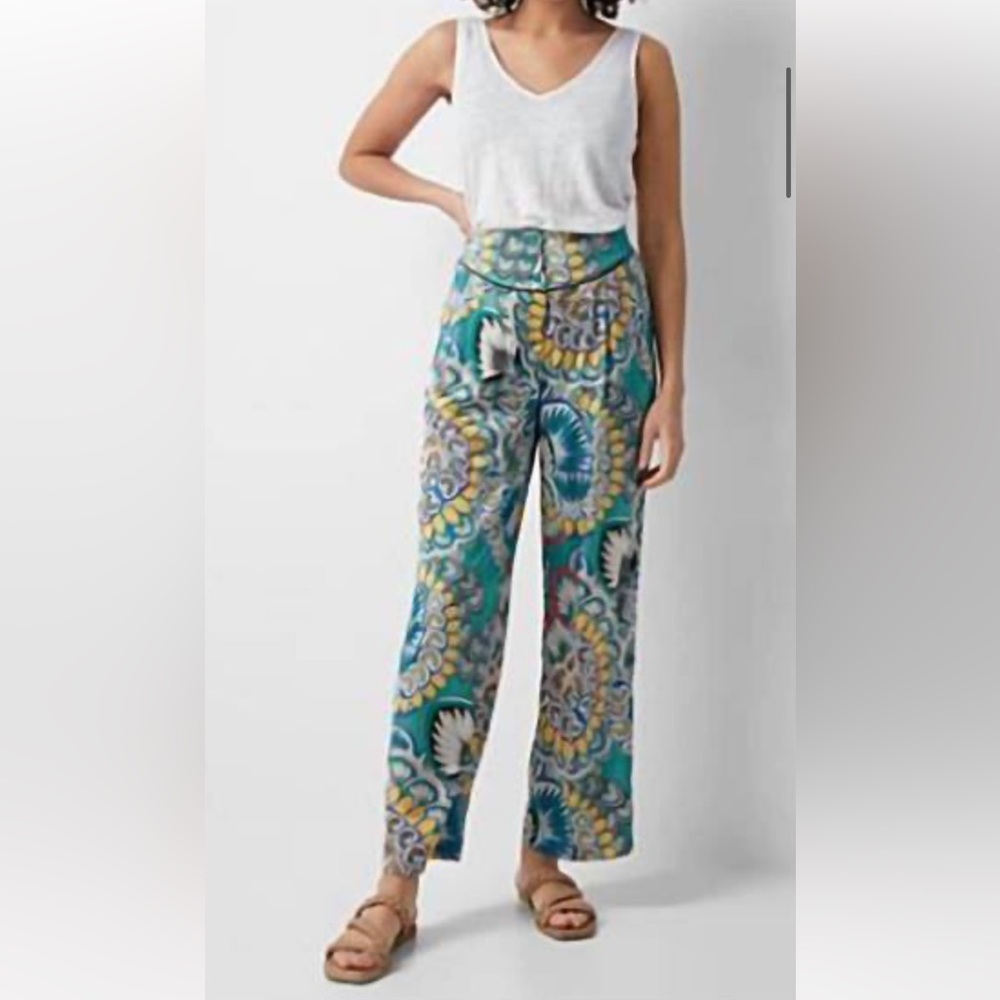 The Korner Botanic Print Silky Straight Leg Pant Green Yellow Silver size 10